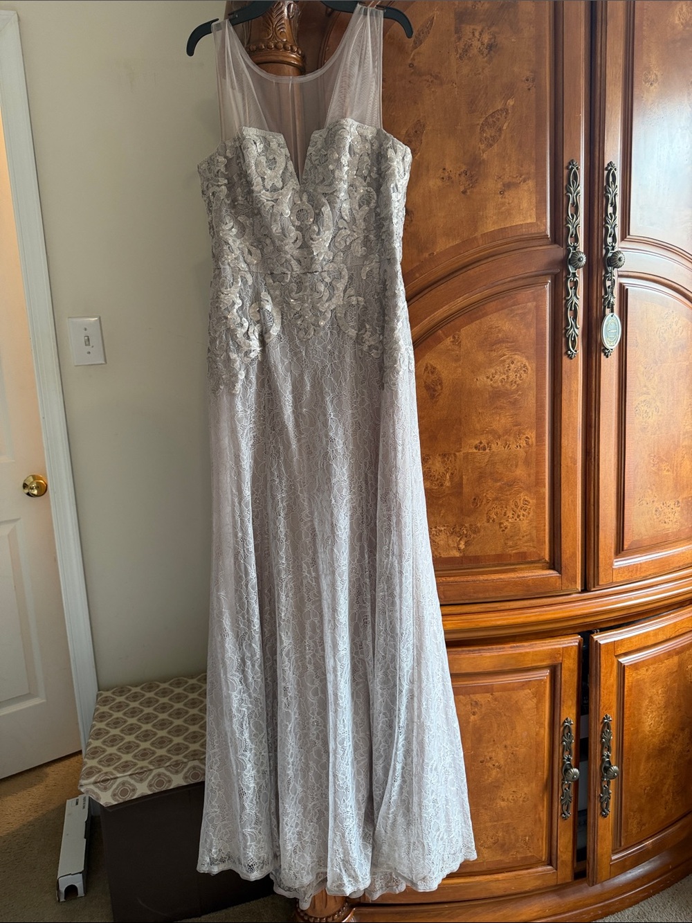 BCBGMaxAzria Silver Sequin Lace Illusion Bodice Dress